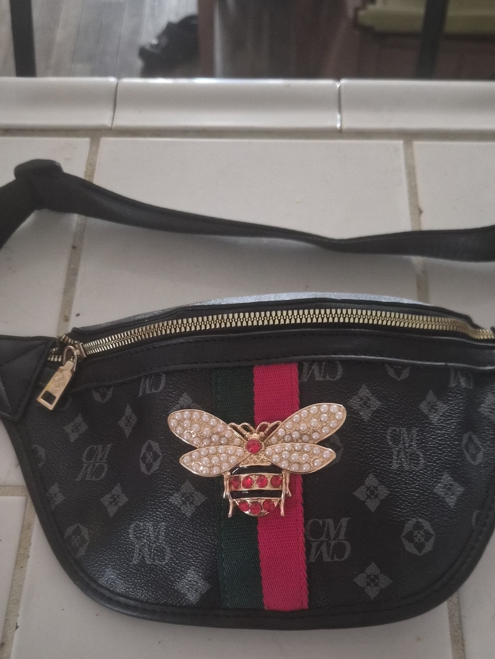 Charisma Black Crossbody Belt Bag with Red and Green Stripe and Pearl Bee